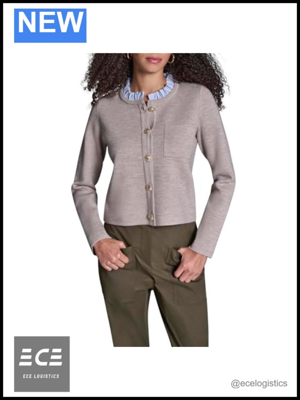 Wool Blend Sweater Jacket with Woven Ruffle Neck Trim Gold Button